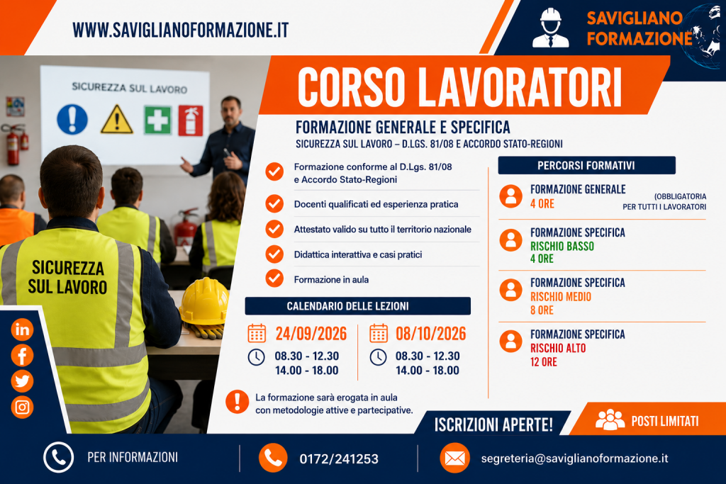 FORMAZIONE LAVORATORI RISCHIO BASSO, MEDIO, ALTO art.37 DLGS 81/08 s.m.i in conformità accordo Stato - Regioni del 17.04.2025