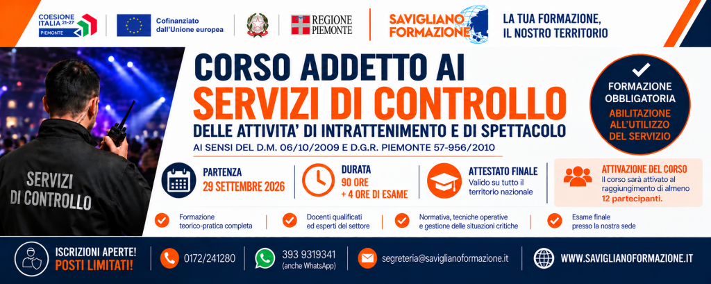 Addetto ai servizi di controllo (corso abilitante_ex Buttafuori) PARTENZA 29/09/2026