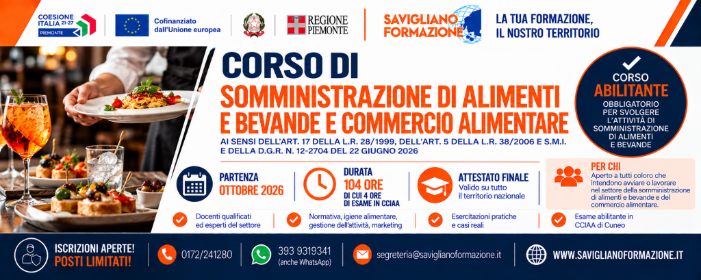 SOMMINISTRAZIONE DI ALIMENTI E BEVANDE E COMMERCIO ALIMENTARE PARTENZA 12/10/2026